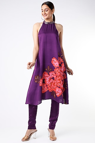 Purple Printed Kurta Set by Adah