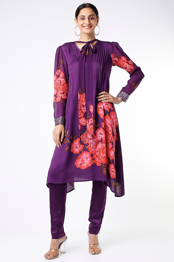 Purple Printed & Embroidered Kurta Set by Adah