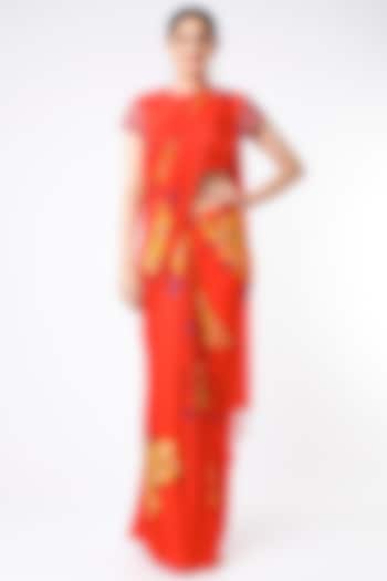 Red Floral Printed Pre-Pleated Saree Set by Adah