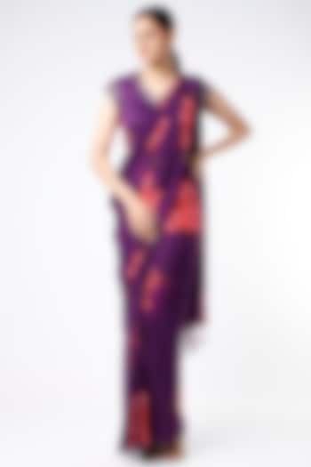 Purple Floral Printed Pre-Pleated Saree Set by Adah