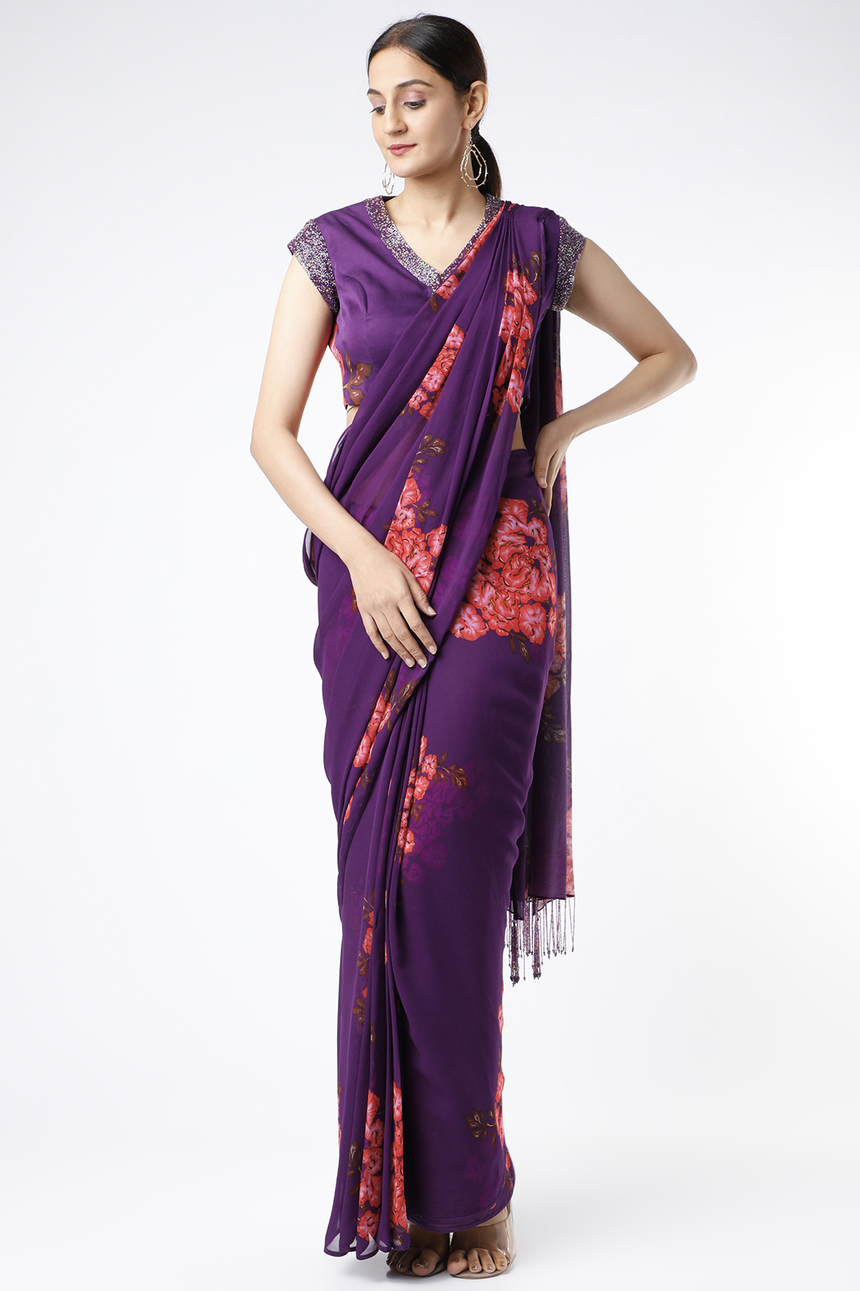 Purple Floral Printed Pre-Pleated Party Wear Saree Set by Adah at Pernia's Pop Up Shop