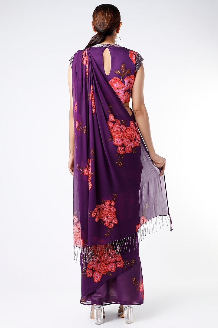Purple Floral Printed Pre-Pleated Party Wear Saree Set by Adah at Pernia's Pop Up Shop