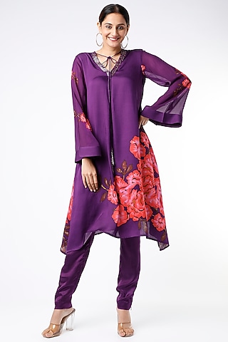 Purple Floral Printed Kurta Set by Adah