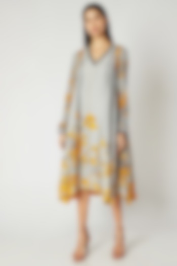 Grey & Yellow Printed Embroidered Tunic by Adah