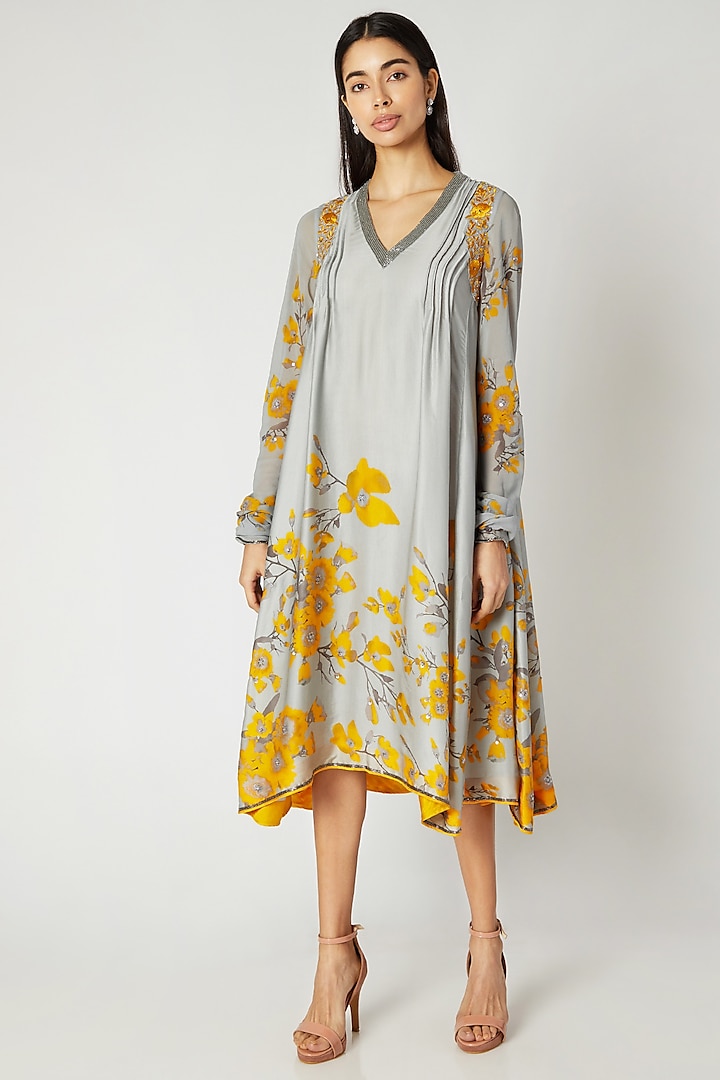 Grey & Yellow Printed Embroidered Tunic by Adah