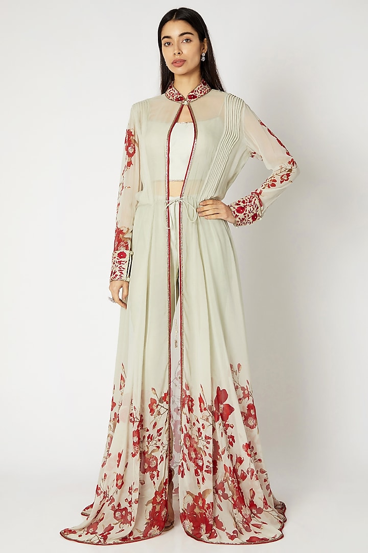 Mint Green & Red Printed Embroidered Cape Set by Adah