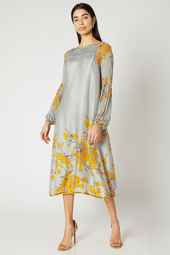 Grey & Yellow Printed Embroidered Tunic by Adah at Pernia's Pop Up Shop