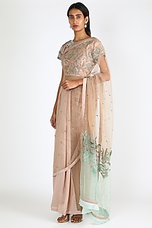Nude & Powder Blue Embroidered Saree Set by Adah-SHOP BY STYLE
