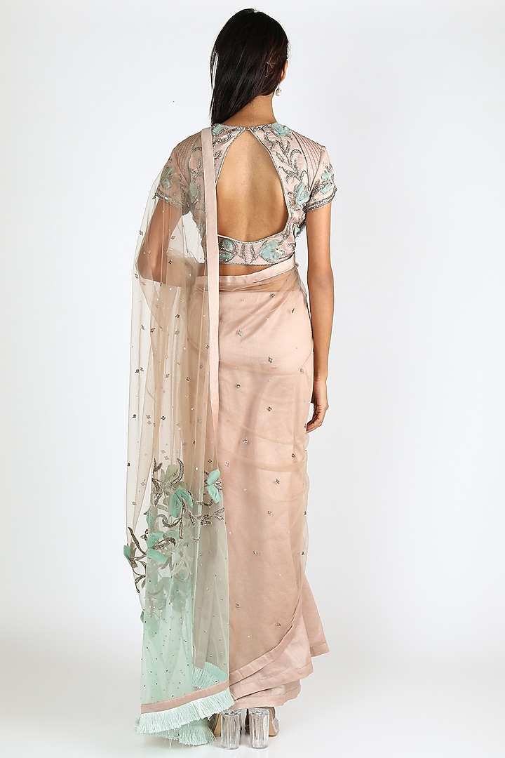Nude & Powder Blue Embroidered Wedding Saree Set by Adah at Pernia's Pop Up Shop