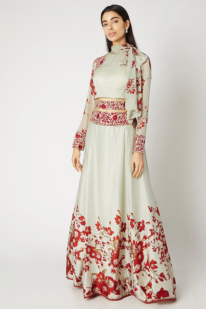 Mint Green & Red Printed Embroidered Crop Top With Attached Neck-Tie & Skirt by Adah