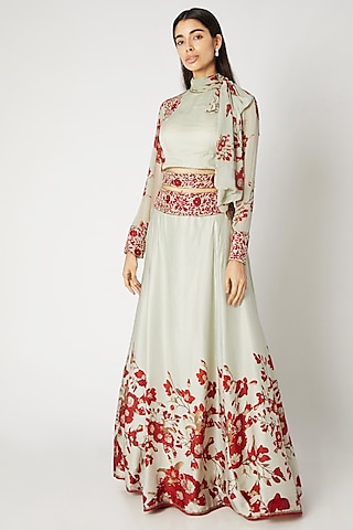 Mint Green & Red Printed Embroidered Crop Top With Attached Neck-Tie & Skirt by Adah