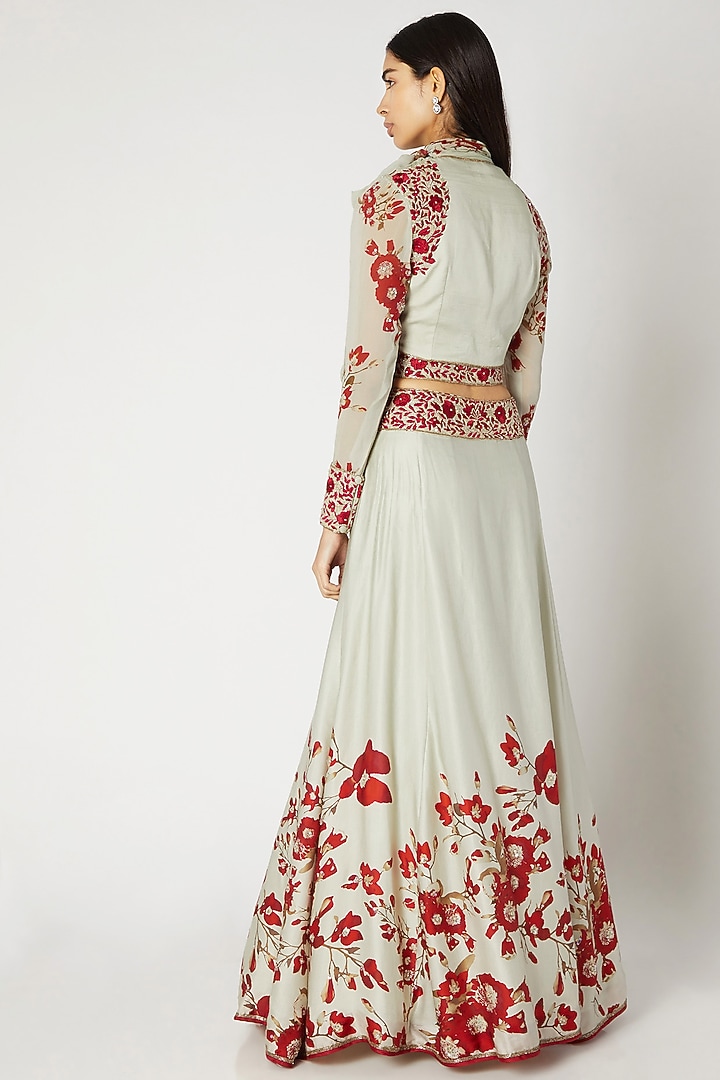 Mint Green & Red Printed Embroidered Crop Top With Attached Neck-Tie & Skirt by Adah at Pernia's Pop Up Shop