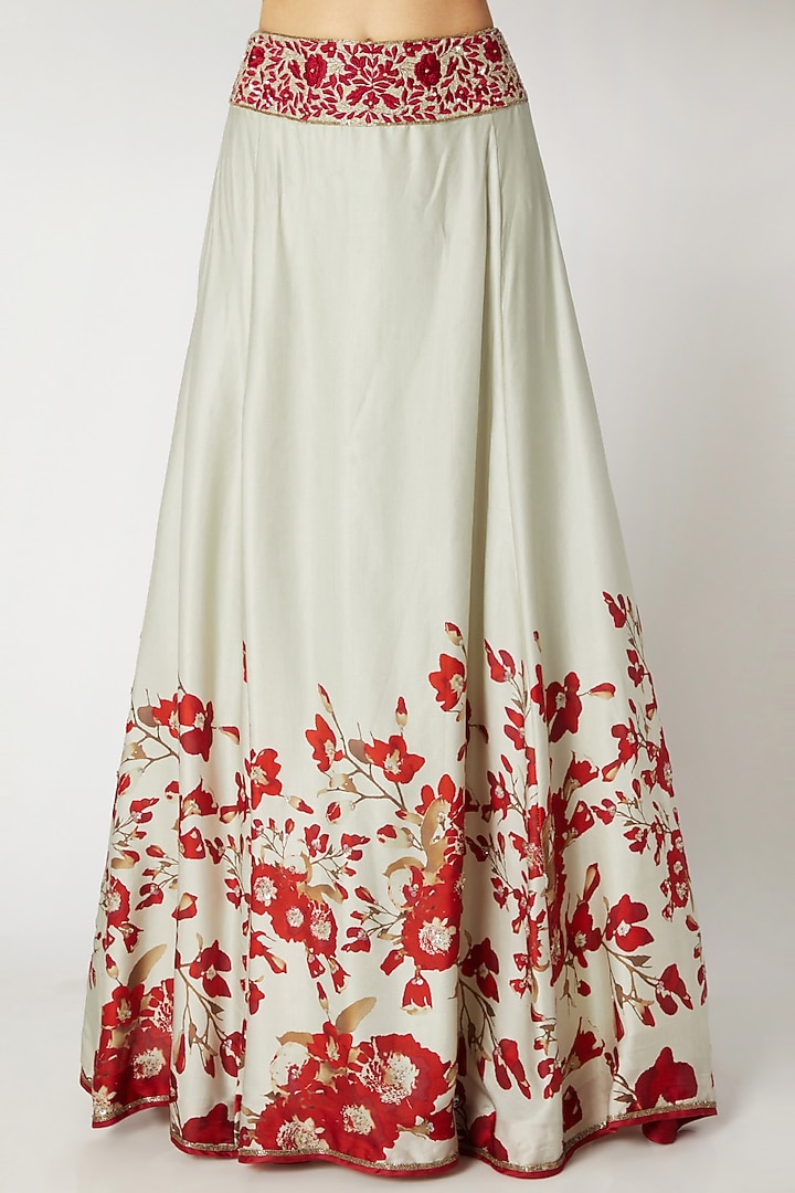 Mint Green & Red Printed Embroidered Crop Top With Attached Neck-Tie & Skirt by Adah at Pernia's Pop Up Shop