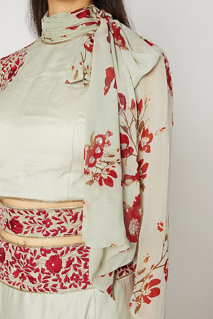 Mint Green & Red Printed Embroidered Crop Top With Attached Neck-Tie & Skirt by Adah at Pernia's Pop Up Shop
