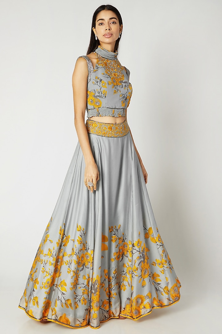 Grey & Yellow Printed Embroidered Crop Top With Skirt by Adah