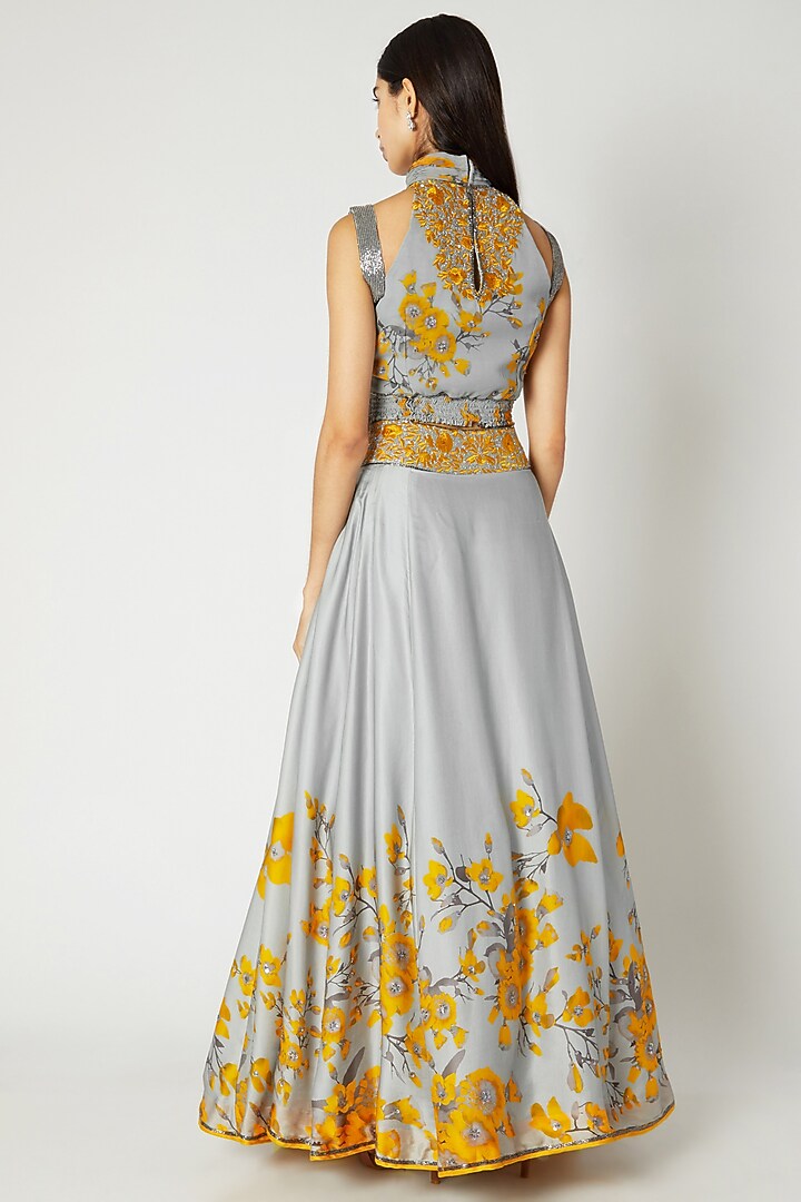 Grey & Yellow Printed Embroidered Crop Top With Skirt by Adah at Pernia's Pop Up Shop