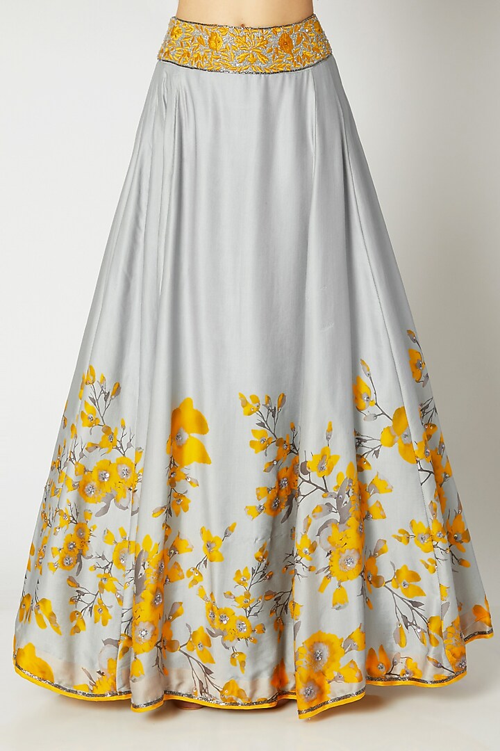 Grey & Yellow Printed Embroidered Crop Top With Skirt by Adah at Pernia's Pop Up Shop