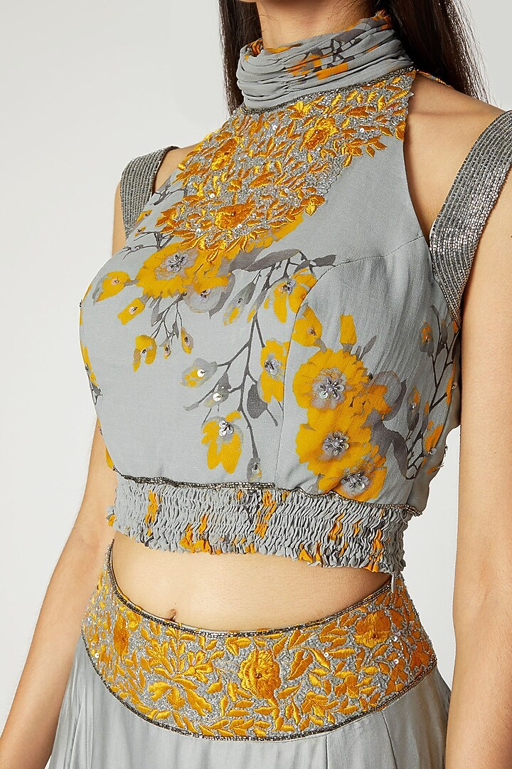 Grey & Yellow Printed Embroidered Crop Top With Skirt by Adah at Pernia's Pop Up Shop