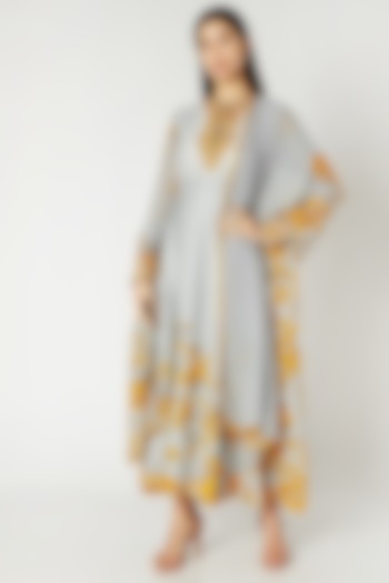 Grey & Yellow Printed Embroidered Anarkali Set by Adah