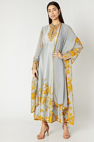 Grey & Yellow Printed Embroidered Anarkali Set by Adah