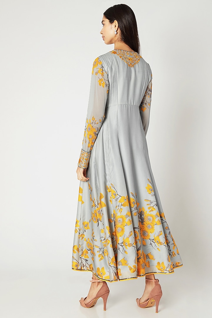 Grey & Yellow Printed Embroidered Wedding Anarkali Set by Adah at Pernia's Pop Up Shop