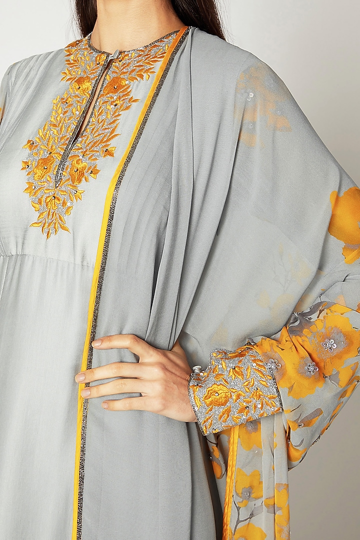Grey & Yellow Printed Embroidered Wedding Anarkali Set by Adah at Pernia's Pop Up Shop