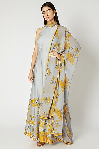 Grey Printed Embroidered Anarkali Set by Adah