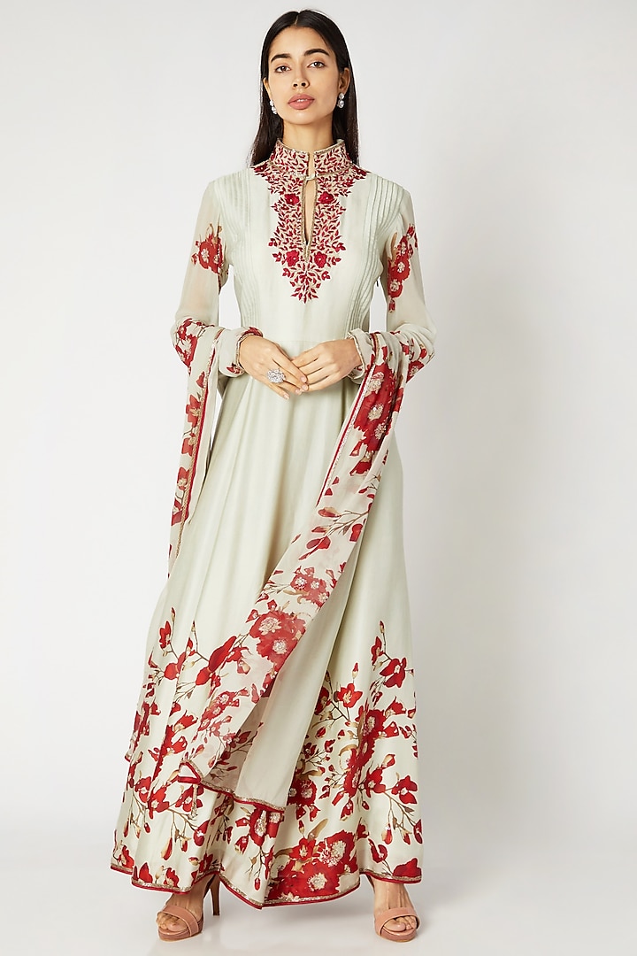 Mint Green & Red Printed Embroidered Anarkali Set by Adah