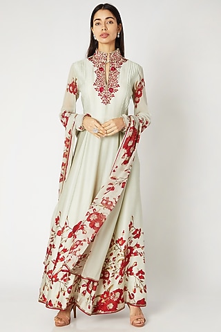Mint Green & Red Printed Embroidered Anarkali Set by Adah