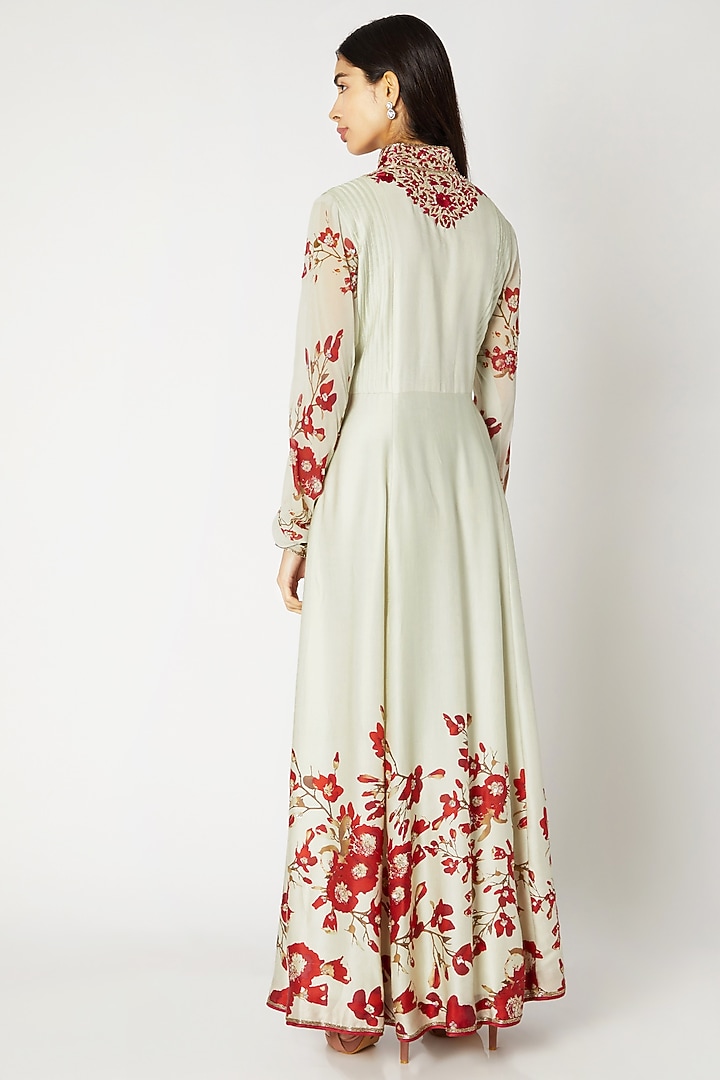 Mint Green & Red Printed Embroidered Wedding Anarkali Set by Adah at Pernia's Pop Up Shop