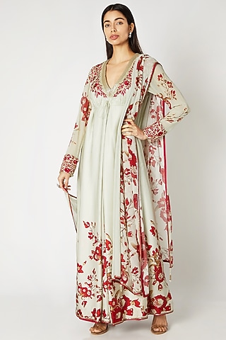 Mint Green & Red Embroidered Anarkali Set by Adah