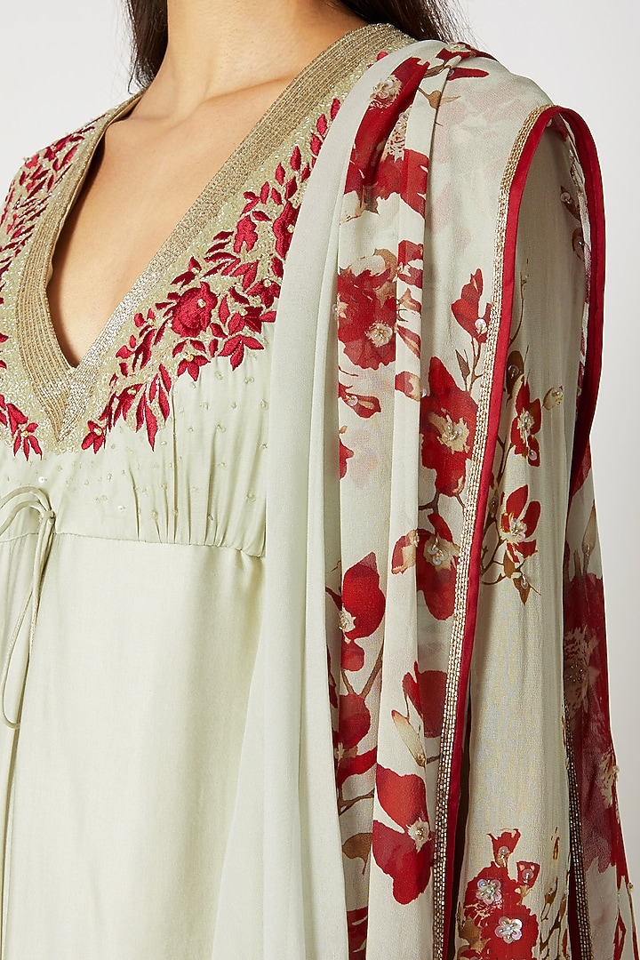 Mint Green & Red Embroidered Wedding Anarkali Set by Adah at Pernia's Pop Up Shop