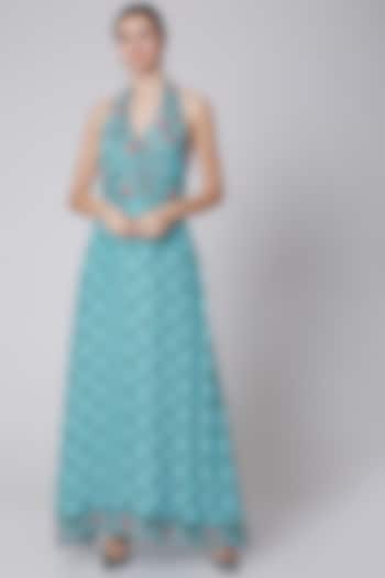 Turquoise Printed & Embroidered Summer Dress by Adah at Pernia's Pop Up Shop
