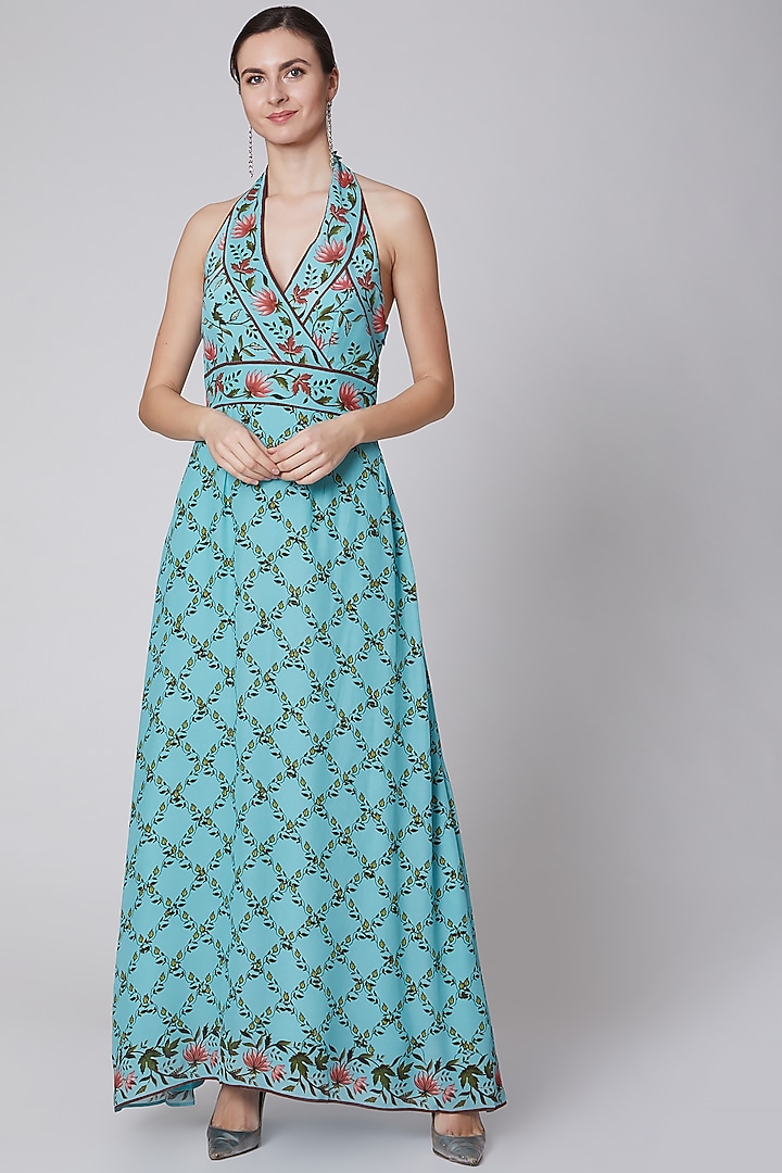 Turquoise Printed & Embroidered Summer Dress by Adah at Pernia's Pop Up Shop