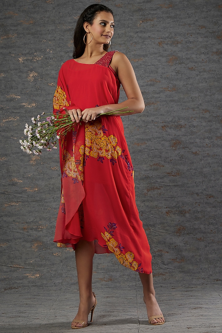 Red Floral Printed Asymmetrical Dress by Adah