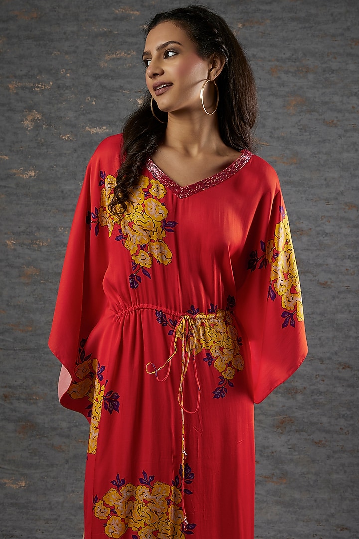 Red Floral Printed Kaftan by Adah at Pernia's Pop Up Shop