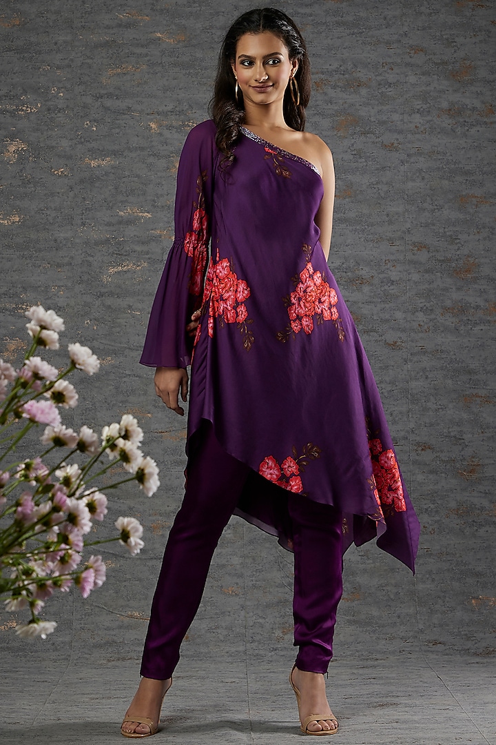 Purple Floral Printed Kurta Set by Adah