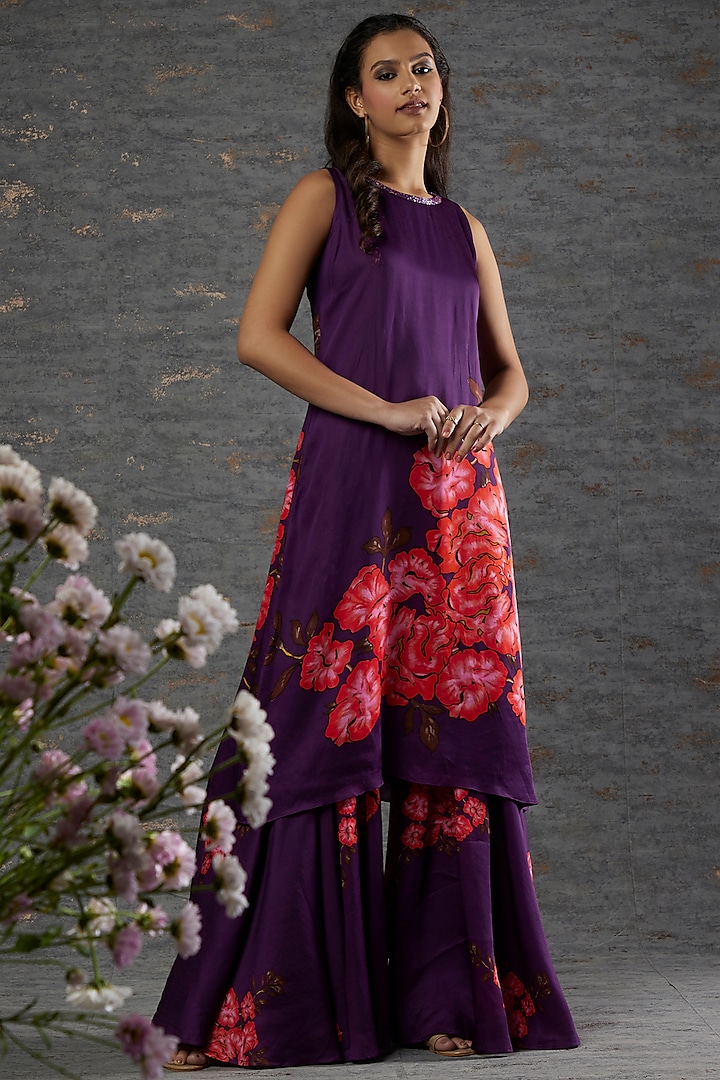 Purple Floral Printed Sharara Set by Adah