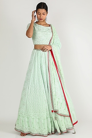 Mint Embroidered Lehenga Set by Adah