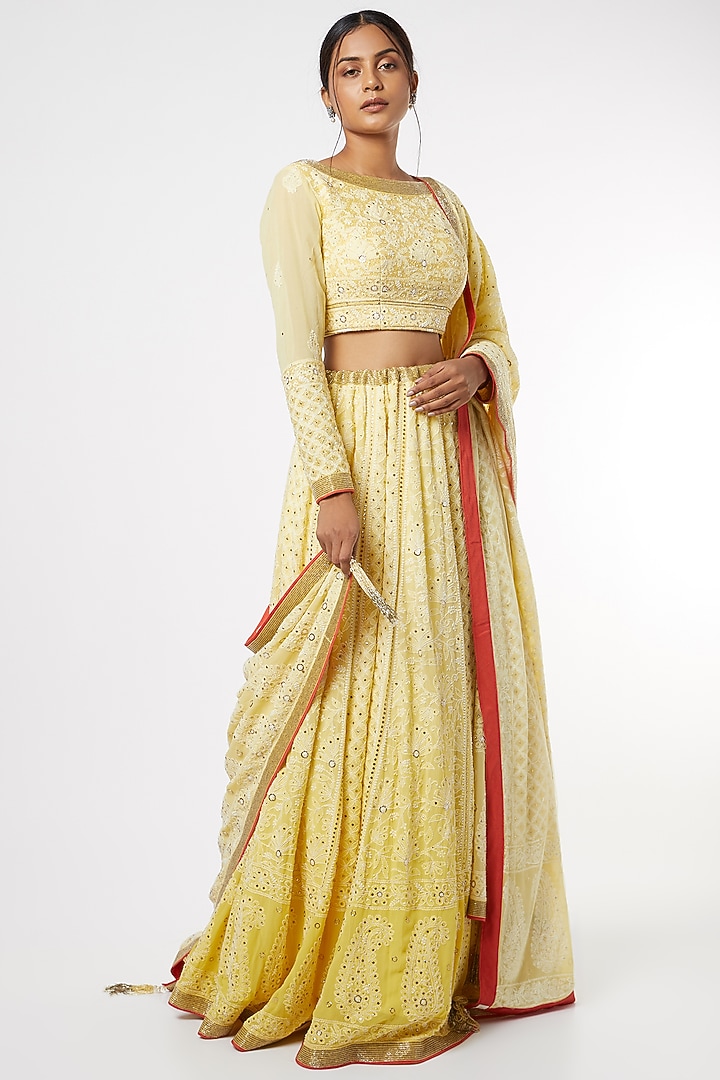 Yellow Embroidered Bridal Lehenga Set by Adah at Pernia's Pop Up Shop