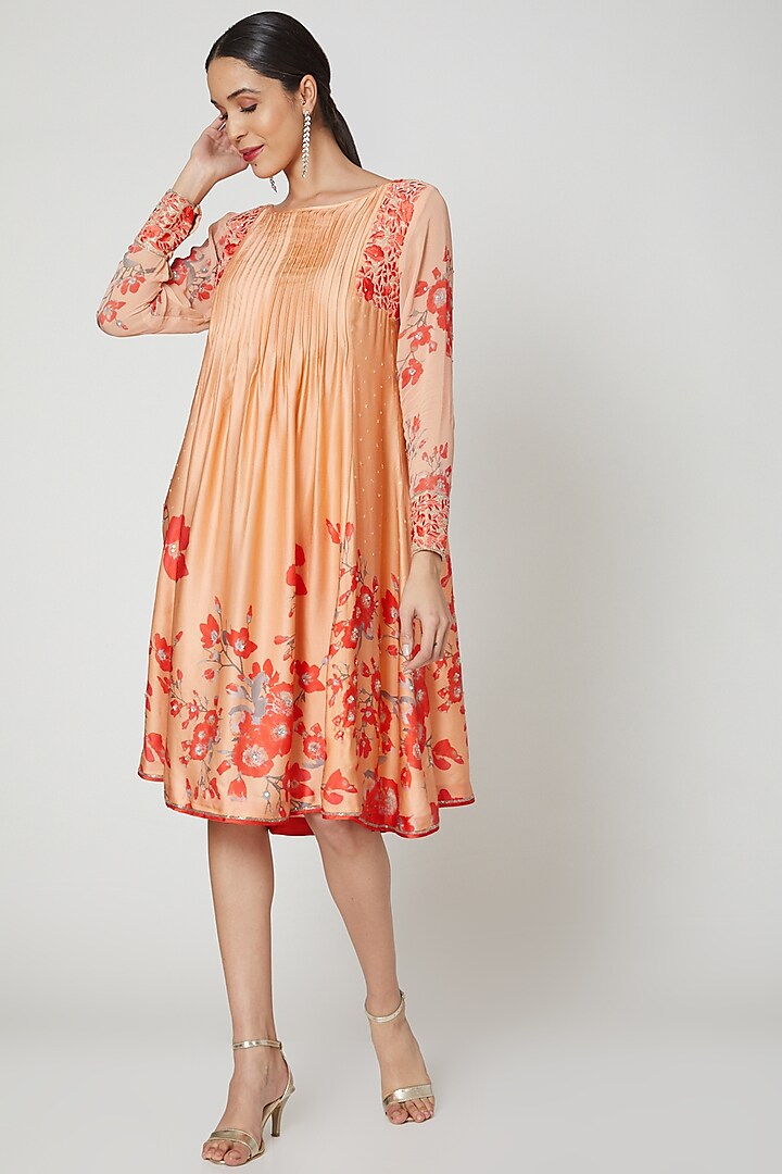Peach & Red Embroidered Printed Tunic by Adah