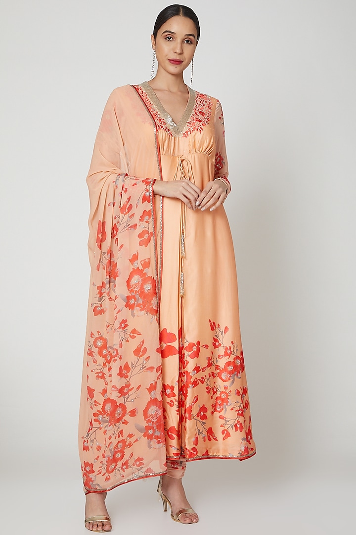 Peach & Red Embroidered Anarkali Set by Adah