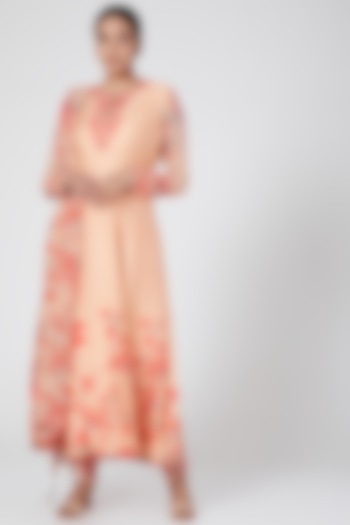 Peach Printed & Embroidered Anarkali Set by Adah