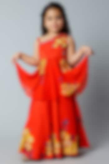 Red Georgette Embroidered Lehenga Set For Girls by Adah Kidswear