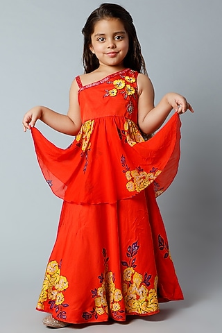 Red Georgette Embroidered Lehenga Set For Girls by Adah Kidswear