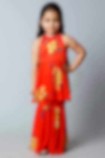 Red Floral Printed Sharara Set For Girls by Adah Kidswear