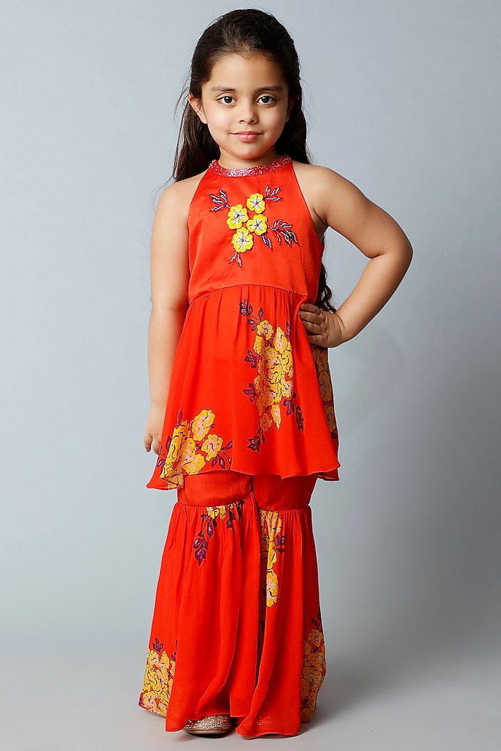 Red Floral Printed Sharara Set For Girls by Adah Kidswear