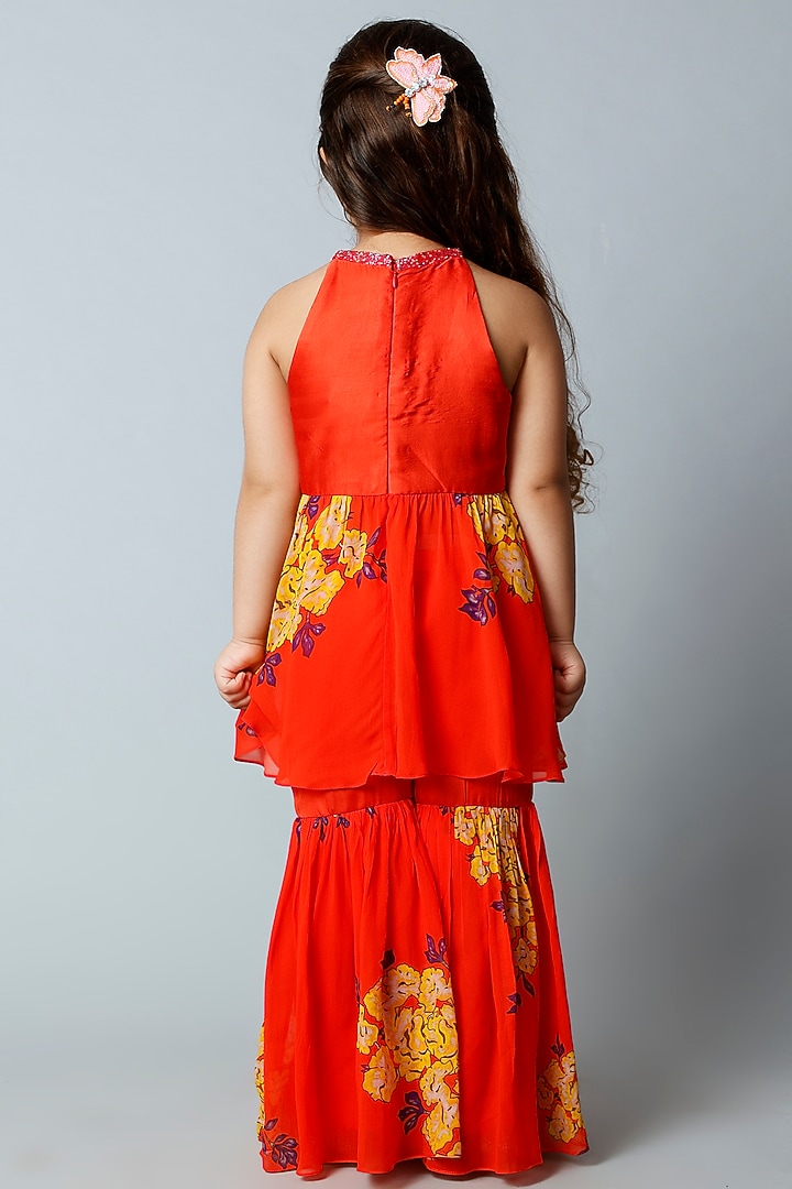 Red Floral Printed Sharara Set For Girls by Adah Kidswear at Pernia's Pop Up Shop