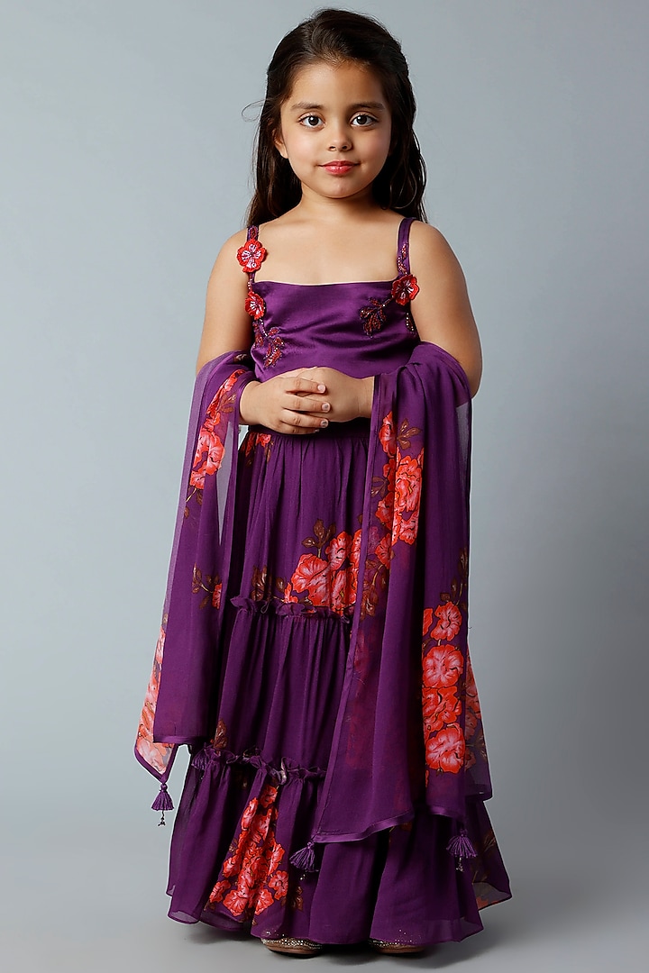 Midnight Purple Embroidered Lehenga Set For Girls by Adah Kidswear