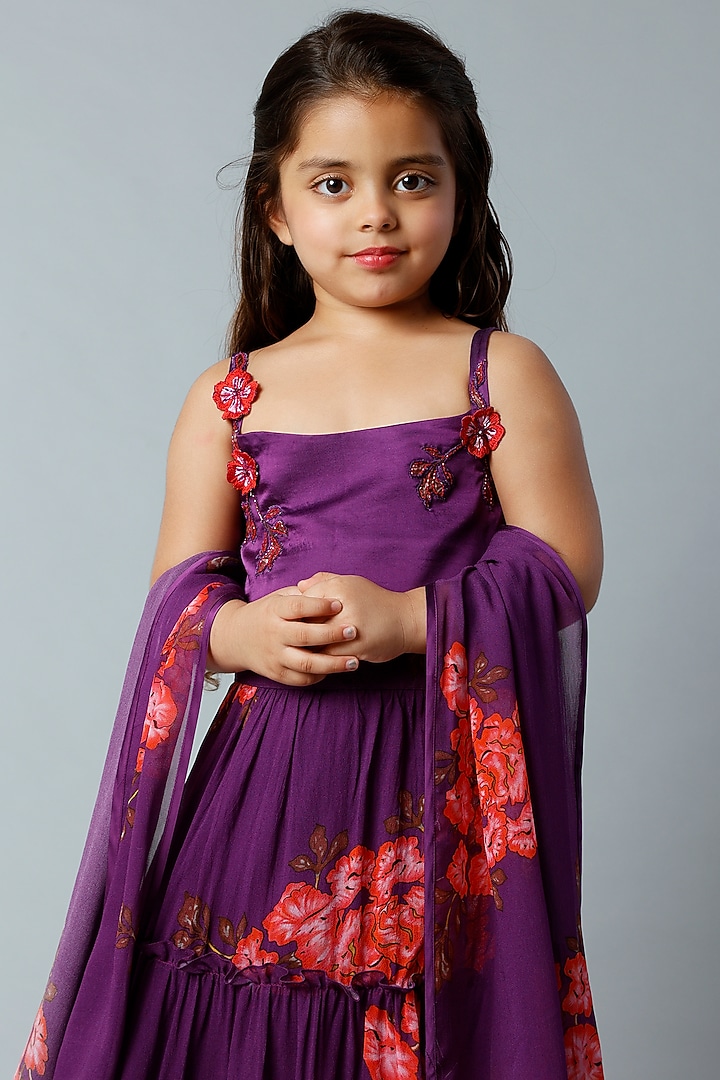 Midnight Purple Embroidered Lehenga Set For Girls by Adah Kidswear at Pernia's Pop Up Shop